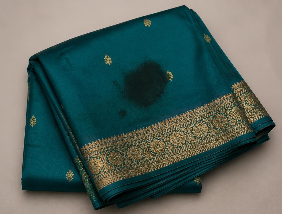 Oil mark on a silk saree before cleaning